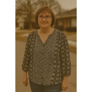 Lucky Brand Women Large Bohemian Peasant V-Neck Black Blouse Casual Floral Indie